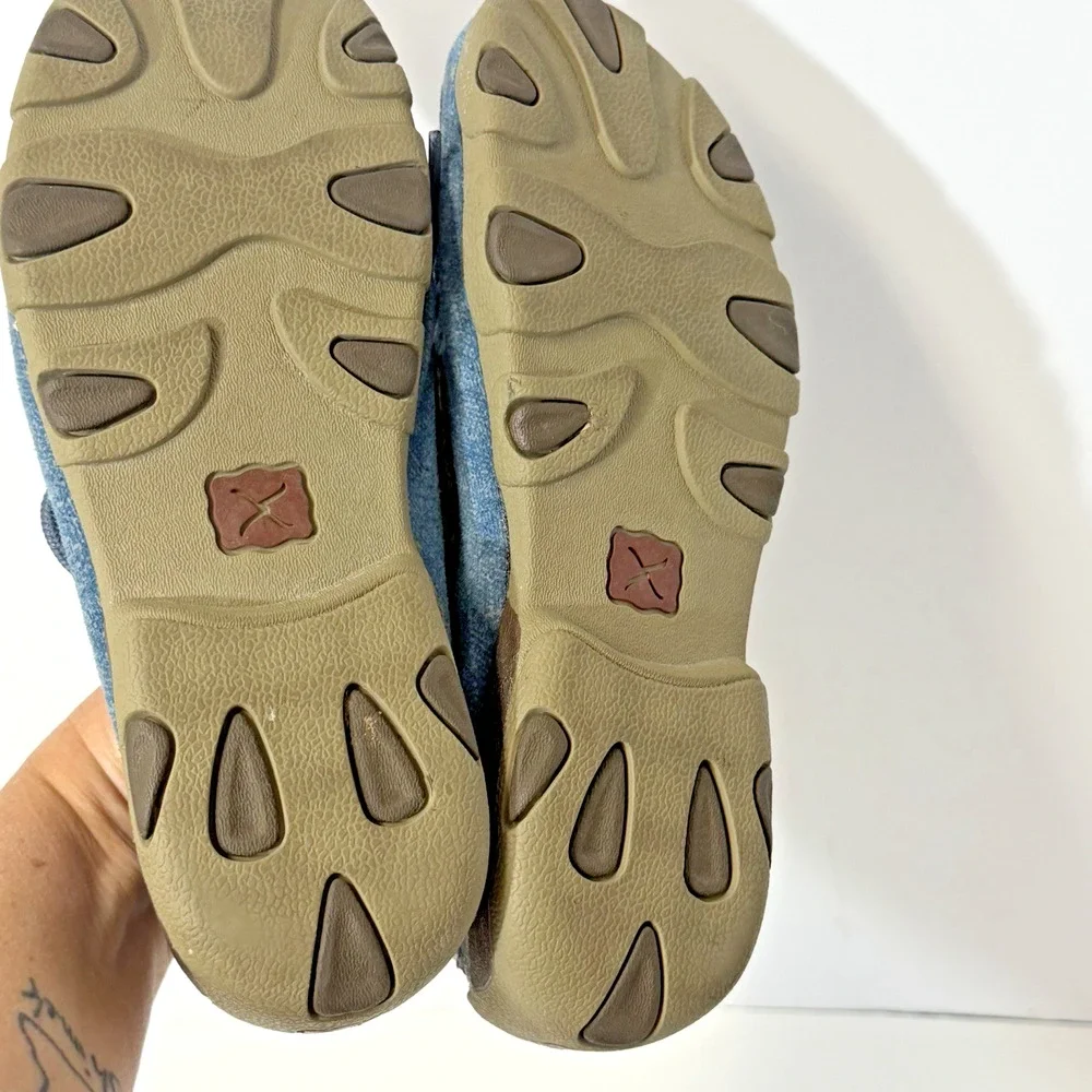 Twisted X Youth 4.5M Driving Mocs Lace Up Blue Denim Canvas Brown Leather Shoes